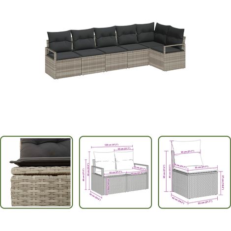 Terrassensofa -  Sofa Set mit Kissen 6 pcs Hellgrau Poly Rattan (1/5)