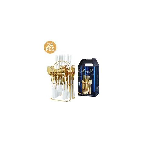 Ménagère 24 pièces en acier inoxydable, support inclus, finition miroir, pour 6 personnes, compatible lave-vaisselle, blanc et or (1/5)