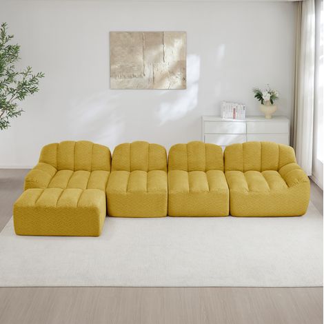 Canapé modulaire 4 places jaune en tissu polaire texturé avec ottomane (1/5)