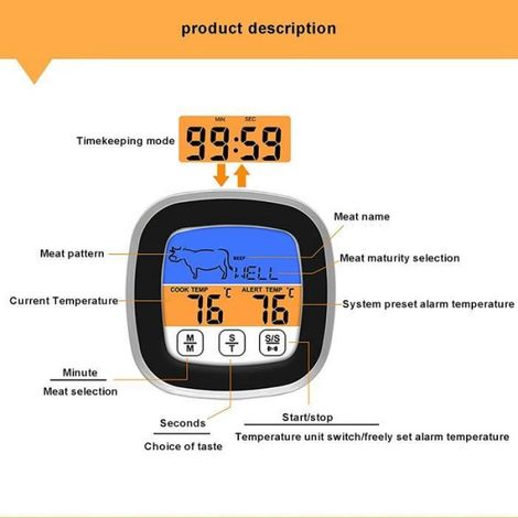 Minuterie de Cuisine Écran Couleur Tactile Grand LCD numérique Cuisson des Aliments Four à Viande Cuisine BBQ Grill Thermomètre (1/4)
