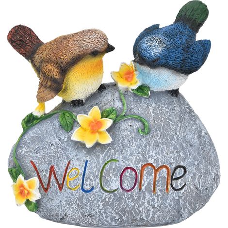 Décoration de jardin en résine figurine d'oiseau panneau de bienvenue sculpture statue pour extérieur patio pelouse lot de 2