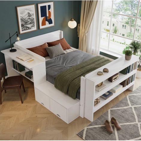 Cama infantil 120x200 cm de pino blanco con escritorio y almacenaje sin colchón - CHICFURN (1/5)