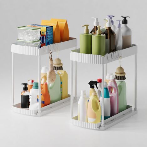 Lot de 2 organiseurs extensibles pour évier de cuisine et de salle de bain, étagère sous évier avec 5 crochets et 2 paniers extensibles, blanc (1/5)