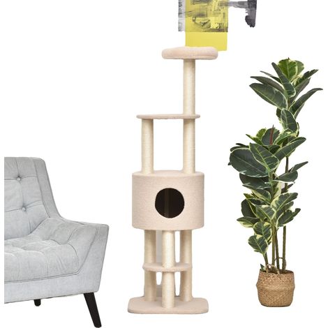 Árbol rascador para gatos, 148 cm de altura, 5 niveles, soporta hasta 20 kg, base: 60 cm x 45 cm, postes de sisal. (1/5)