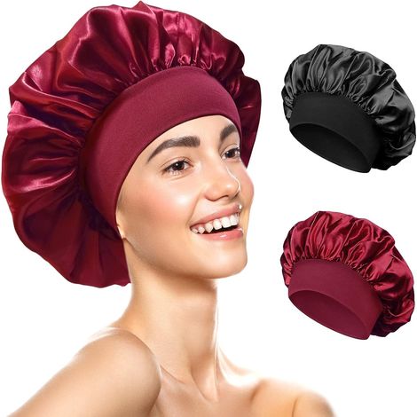 2 Stück Satin Bonnet, Satin Haarhaube, Haarhaube für Die Nacht, Seidenhaube zum Schlafen, Wiederverwendbare Silk Bonnet Seidenhaube, für Damen und Mädchen (Schwarz, Rot) (1/5)