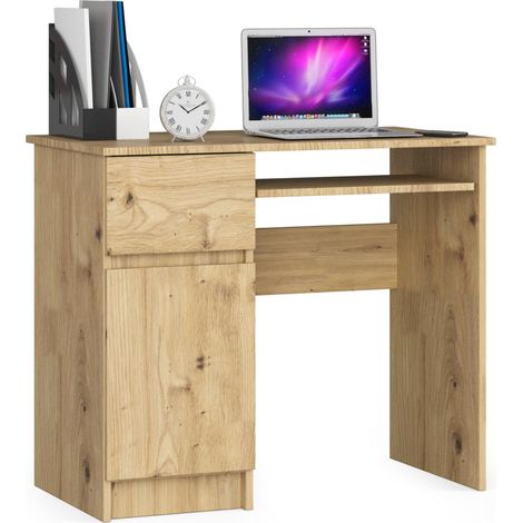 Akord – Bureau droit compact 90 cm – Chêne artisanal – 1 porte, 1 tiroir, 3 étagères – Dimensions 90x50x77 cm – Tablette coulissante pour clavier (1/4)