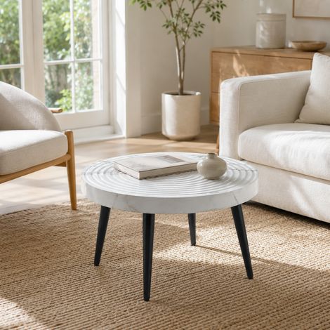 Table basse ronde 60×60 cm avec plateau épais de 5 cm, pieds en métal noir, table d'appoint pour canapé, finition blanc (1/5)