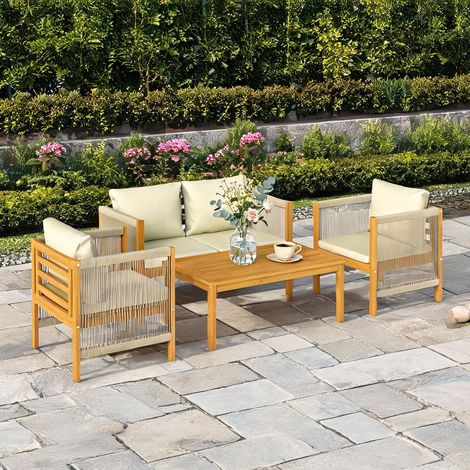 Canapé beige en bois d'acacia polyester 120 x 60 x 64 cm (1/5)