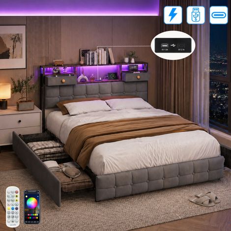 Lit Coffre 160×200 cm avec Ports USB et éclairage LED, Lit 2 Personnes avec 4 Grands Tiroirs, Tête de lit capitonnée avec Rangement, Structure en métal, Moderne, velours, Gris (1/5)