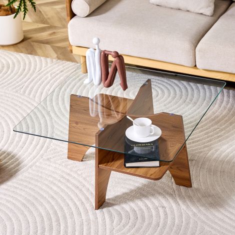 Tavolino/tavolino da caffè moderno di forma quadrata, realizzato in vetro temperato – lati di 80 cm. Gambe in MDF con finitura effetto noce. Ideale per sale da pranzo, soggiorni, uffici e molto altro. (1/5)