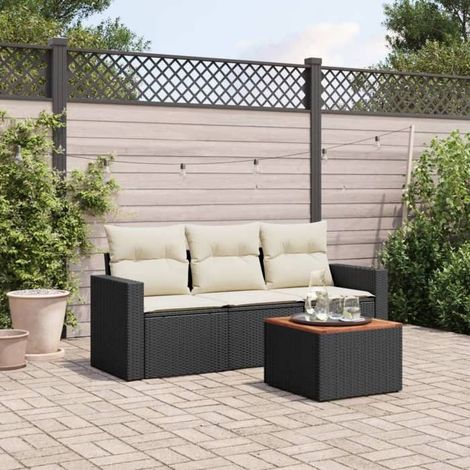 Salon de jardin - Modèle 3223991 - Résine tressée noir - Table acacia - Coussins déhoussables (1/3)