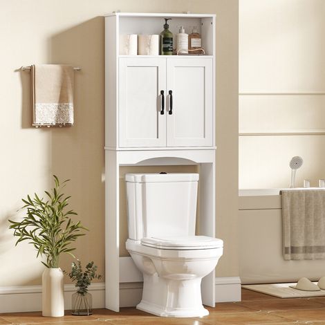 Meuble de salle de bain à poser au-dessus des toilettes, avec 2 portes à fermeture douce et une étagère ouverte, 64 x 21 x 173,5 cm, blanc