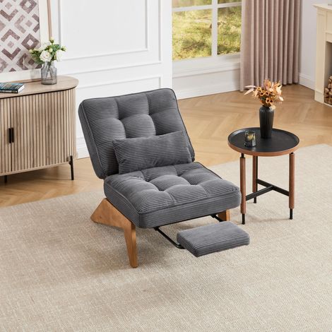 Poltrona con schienale regolabile e poggiapiedi, cuscino lombare e gambe in legno, in velluto a coste, grigio (1/5)
