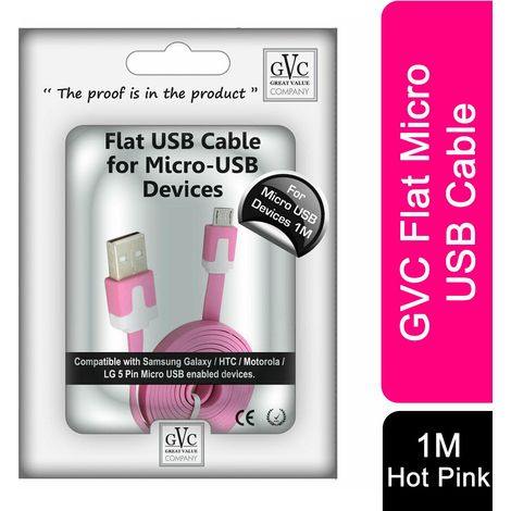 GVC 1 Metre Strong Tangle Free Flat Micro USB Cable for Sync & Charge, Hot Pink (1/5)