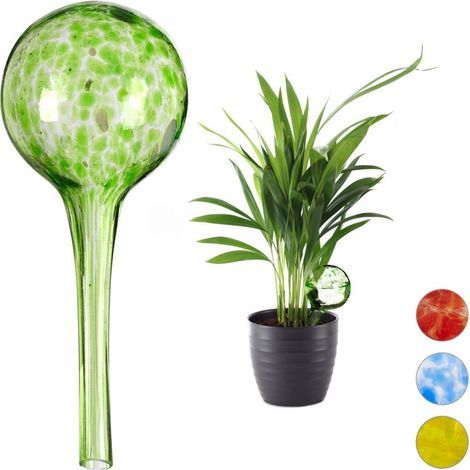 Globes d’arrosage Lot de 2, Distributeur Eau Plantes et Fleurs, Outil de Bureau, Ø 6 cm, Verre, Vert (1/5)
