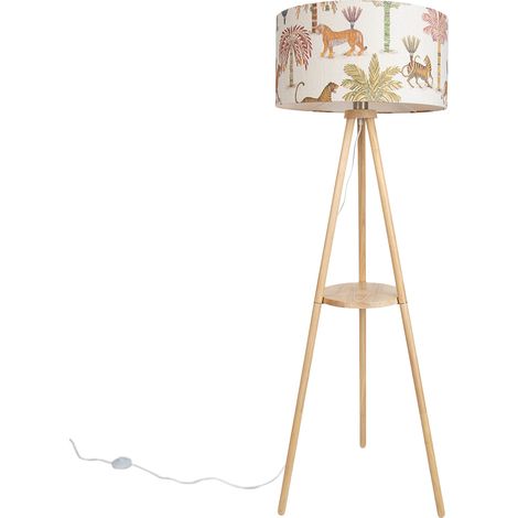 QAZQA Wooden Tripod Floor Lamp with Multicolor Animal Print Shade