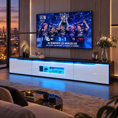 JOOKGBD-Meuble TV Moderne 180×35×30cm, Façades Brillantes Noir et Blanc, Bandeau LED Multicolore 16 Couleurs et 4 Modes, Fixation Murale ou Pose au Sol, Espace de Rangement Spacieux pour Votre Salon (1/5)