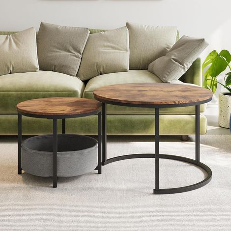 Set de 2 tables basses rondes en bois et métal style industriel avec rangement en tissu (1/5)