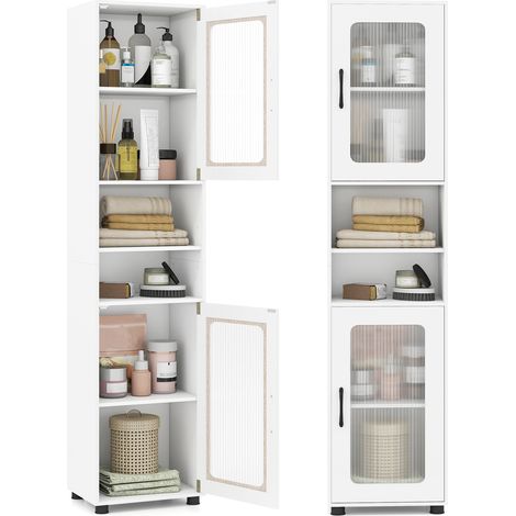 Meuble Salle de Bain 170CM, Colonne de Rangement avec 2 Portes Verre Transparente, Étagères Réglables&2 Compartiments Ouverts, Charge 70KG, Blanc (1/5)