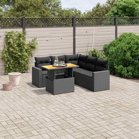 Salon de jardin 6 pièces en résine tressée noire avec table relevable et coussins - PANGIVO (1/3)