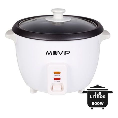 Muvip Reiskocher - Fassungsvermögen 1,5 Liter - Leistung 500w - System de Kochen und Erhitzen - Innentopf de Antihaft-Aluminium - Deckel de Glas - Farbe weiß