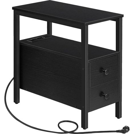 Table d'Appoint avec Station de Charge, Table de Chevet avec 2 Tiroirs, Ports USB et Prises de Courant, Bout de Canapé pour Petits Espaces, Salon, Chambre, Noir (1/5)
