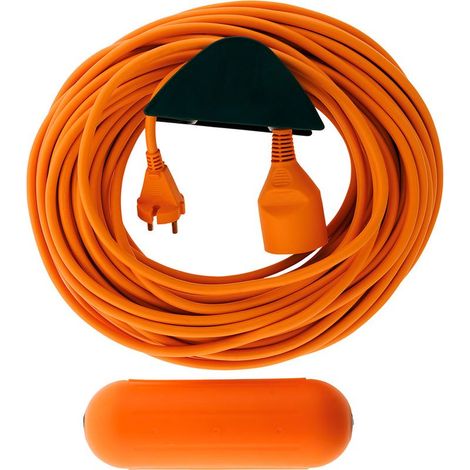 Rallonge électrique 25m 2x1,5mm² 16A – Boîtier étanche IP54 – Support mural inclus – Couleur orange (1/4)