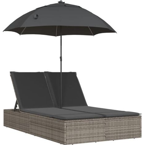 Fauteuil inclinable double avec coussins et pare-soleil en résine tissée grise. (1/5)