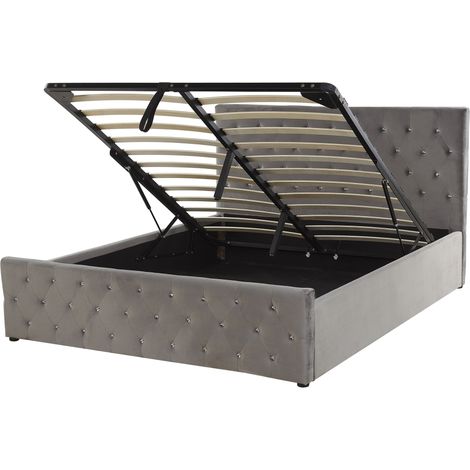 Cama doble tapizada en terciopelo gris 160 x 200 cm con almacenamiento cabecero acolchado Amiens