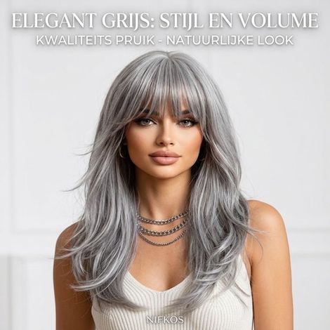 Perruque grise de luxe avec frange et dégradé – Gris argenté/cendré – Cheveux mi-longs à longs ondulés et volumineux – Respirante et ajustable – Perruque de qualité naturelle (1/5)