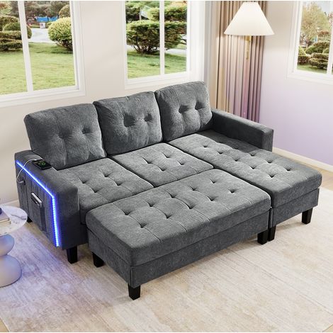 Ecksofa mit Schlaffunktion, Chaise longue, LED, USB, grau HAVRYA (1/5)