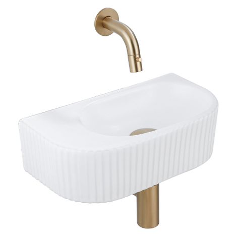 QeramiQ Fuente Ensemble de Lavabo - 40x21.5x12cm - strié - demi-rond - céramique - ensemble de robinet en laiton brossé - bouchon de vidange - siphon