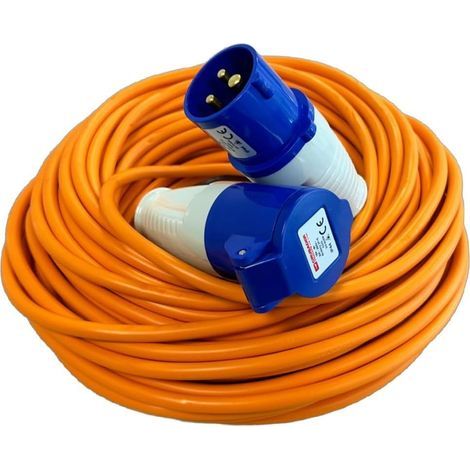 1 Rallonge d'alimentation 25m, Câble cuivre 3 noyaux, Prise 240V 16A, Orange haute visibilité, Camping-car (1/3)