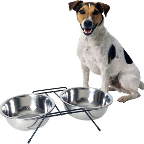 Gamelle Double Pour Chien 20 Cm Avec Porte Nourriture Eau Acier (1/2)