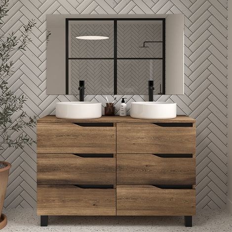 Meuble de salle de bain 120 avec plateau et 2 vasques à poser - 6 tiroirs - tabaco (bois foncé) - MATA (1/5)