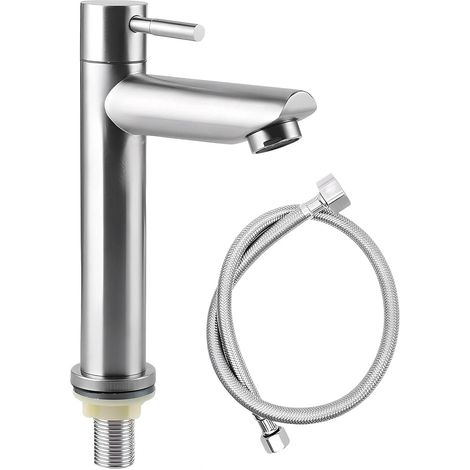 Mitigeur Lavabo Inox pour Eau Froide - Robinet Salle de Bain avec Tuyau Flexible 1 Mètre - Idéal pour Cuisine, Hôtel et Lave-Main (1/5)