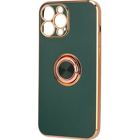 Coque pour iPhone 13 Pro Max avec anneau de support plaqué or rose pailleté, ultra fine, souple et flexible, en TPU vert nuit foncé.