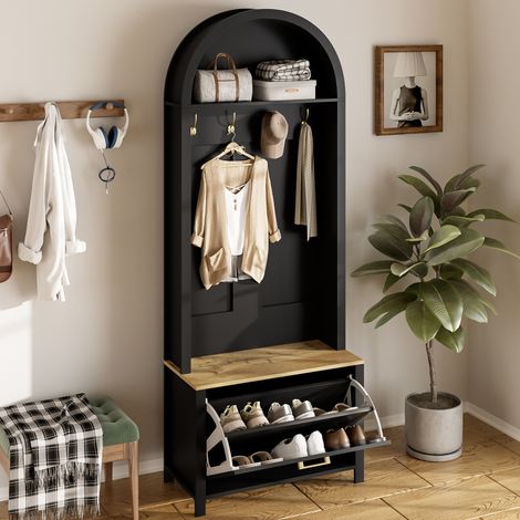 Armadio con vano portascarpe, appendiabiti da ingresso, 4 ganci, MDF, 75x35x195cm, nero (1/5)
