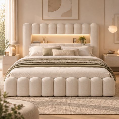Lit coffre 180x200 cm beige avec sommier, Lit double rembourrée en lin avec rangement hydraulique, LED et USB