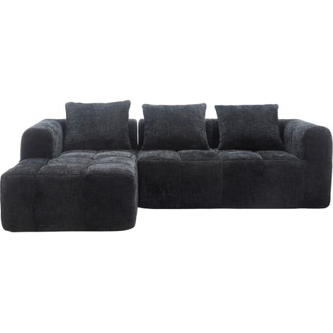 Modernes Sektionssofa, L-Sofa, 3-Sitzer-Sofa, keine Installation erforderlich, Chenille-Sofa mit Chaiselongue und Armlehnen, 3 Kissen, Seitentasche für Fernbedienung, Schwarz (1/5)