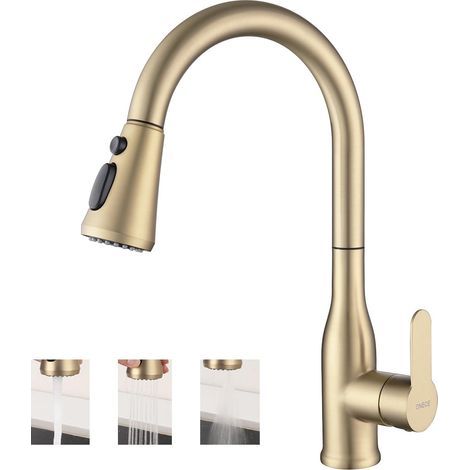 ONECE Wasserhahn Küche ausziehbar mit 3 Wasserstrommodi, Hochdruck Küchenarmatur Mischbatterie, Edelstahl Spültischarmatur mit 360° drehbar Auslauf, Einhebelmischer für Küche, Gold-Matt (1/5)