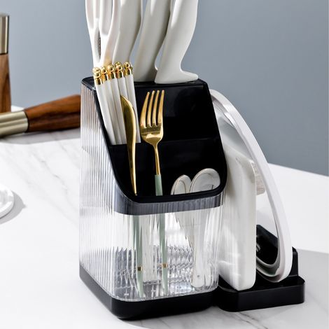 Étagère de rangement multifonctionnelle pour la cuisine : planche à découper, couvercle de casserole, porte-baguettes, fourchettes et cuillères, noir avancé (1/5)