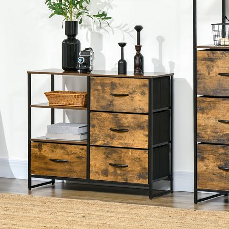 Cassettiera da soggiorno HOMCOM con 4 cassetti in tessuto, pieghevole e 2 ripiani, stile industriale, 84x30x71,5 cm, marrone rustico.