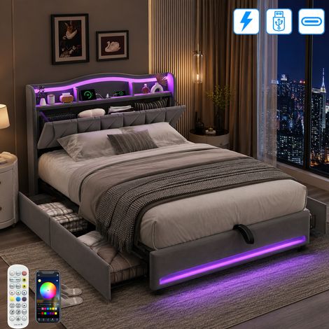 Lit Coffre 140x200 cm,Lit Rembourré avec Éclairage LED Double Zone et Chargement USB/Type-C, Sommier à Lattes, Tête de Lit avec Rangement, Design Vague Moderne, Velours Gris