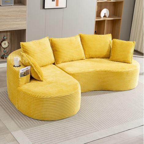 Bogensofa 250x152x82 cm senfgelb Cordstoff mit Getränkehaltern, Seitentaschen und Kissen