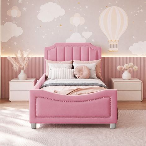 DESMIU Lit Enfant 1 Place avec Dossier, Accoudoirs et Structure Rembourree, 90 × 200 cm, Sans Matelas, Rose (1/5)