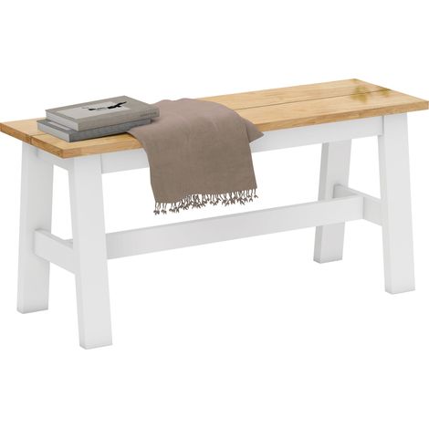 JSSEVN -Banc 2 places, banc en bois aspect chêne, barre transversale de stabilisation, pour salon, salle à manger, couloir, bois d'hévéa, blanc (1/5)