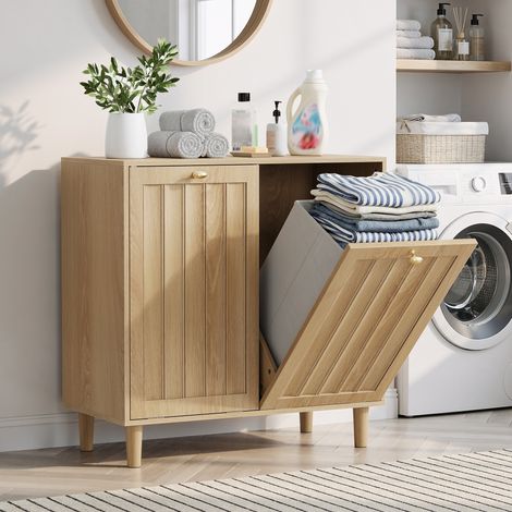 Commode à linge sur pied à ouverture basculante – 70 × 35 × 70 cm – Paniers intérieurs amovibles – Rangement discret pour salle de bain – Naturel (1/5)