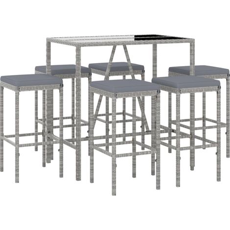 vidaXL 7 Piece Garden Bar Set with Cushions Grey Poly Rattan