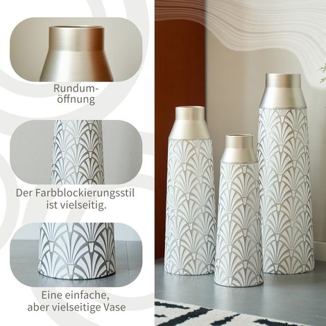 Lot de 3 vases de sol métalliques, vases décoratifs modernes blanc et argent à motif éventail, fabriqués à la main, pour salon, couloir et entrée, hauteurs 43,5/51/61 cm (1/5)